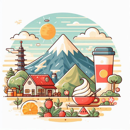Coffee in a paper cup on the background of the mountains. Vector illustrationのイラスト素材