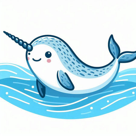 Illustration of a cute narwhal swimming in the sea.のイラスト素材