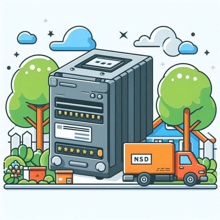 Vector illustration of a data center with a truck in the background.のイラスト素材