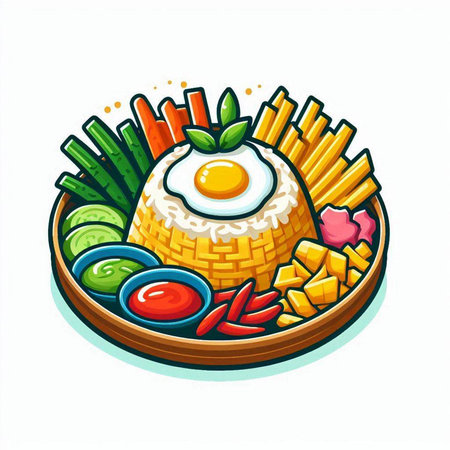 Illustration of fried egg with vegetables in a plate on a white backgroundのイラスト素材