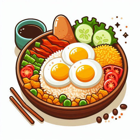 Bowl of rice with fried eggs and vegetables. Vector illustration.のイラスト素材