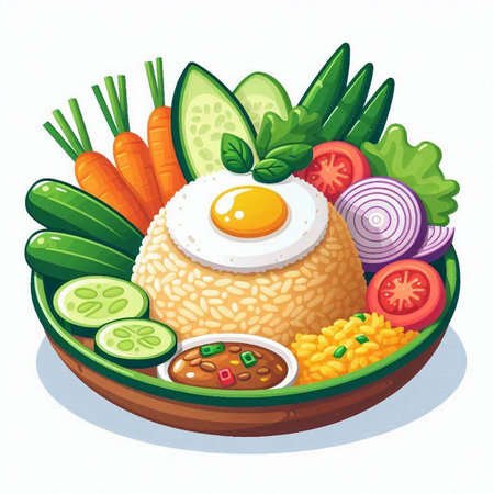 Illustration of a bowl of rice with fried egg and vegetables.のイラスト素材