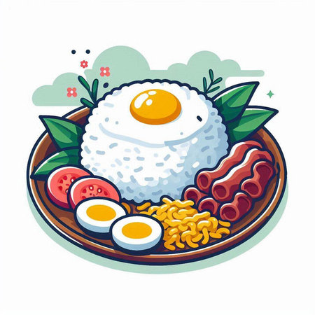 Illustration of a plate of rice with fried egg and sausagesのイラスト素材
