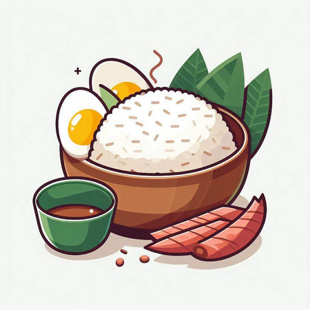 Illustration of japanese rice in wooden bowl with chopsticksのイラスト素材