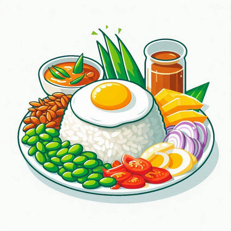 Vector illustration of Thai food, rice, egg, vegetables and sauceのイラスト素材