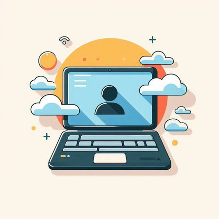 Laptop with user profile on screen. Flat design vector illustration.のイラスト素材