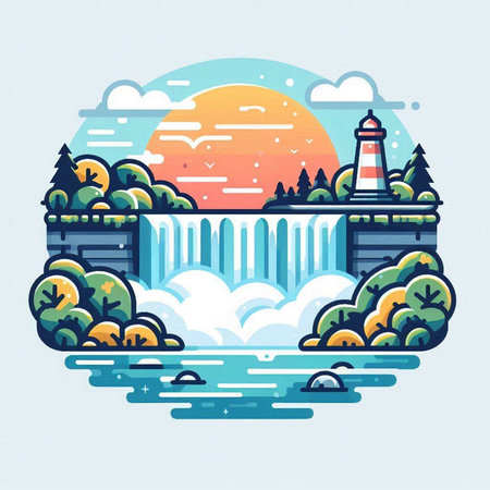 Waterfall and lighthouses. Vector illustration in flat style.のイラスト素材