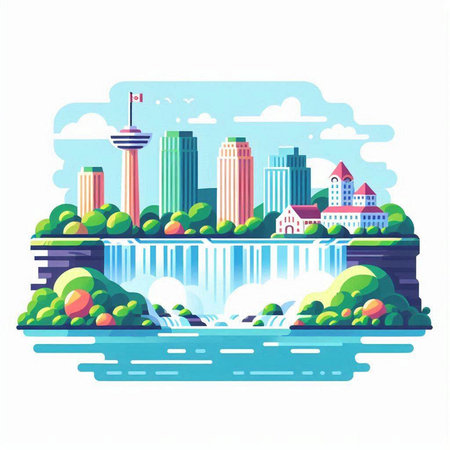 Waterfall in the city. Vector illustration in flat style on white background.のイラスト素材