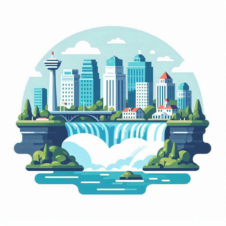 Waterfall in the city. Vector illustration in flat design style.のイラスト素材