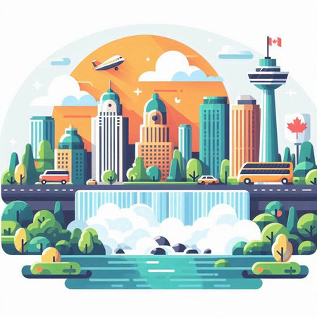 Flat design modern vector illustration concept of city landscape with river and skyscrapers.のイラスト素材
