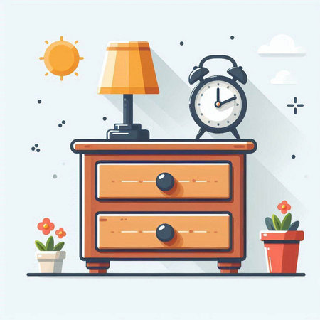 Vector illustration of a nightstand with an alarm clock and a lampのイラスト素材