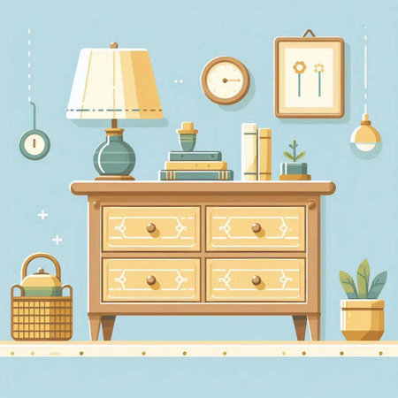 Vector illustration of a room interior with furniture, bookshelf, lamp, books and other items.のイラスト素材