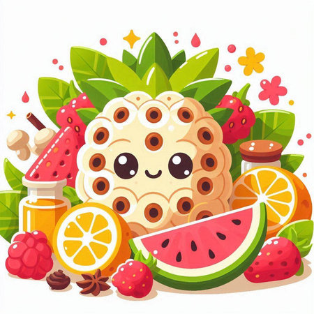 Fruit and berry breakfast. Cute cartoon vector illustration.のイラスト素材