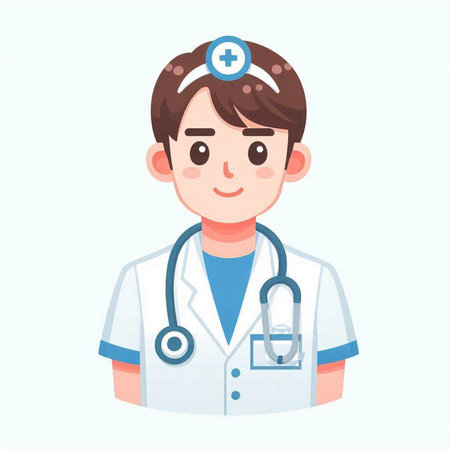 Young male doctor with stethoscope. Vector illustration in cartoon style.のイラスト素材