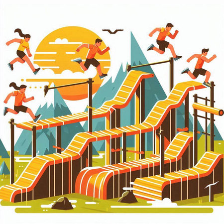 Vector illustration of people running on a slide in the park. Flat style.のイラスト素材