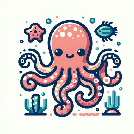 Cute cartoon octopus character. Vector illustration on white background.のイラスト素材