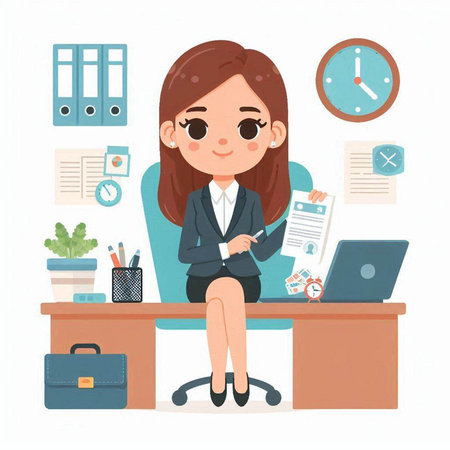 Businesswoman sitting at her desk in office. Vector illustration in cartoon style.のイラスト素材