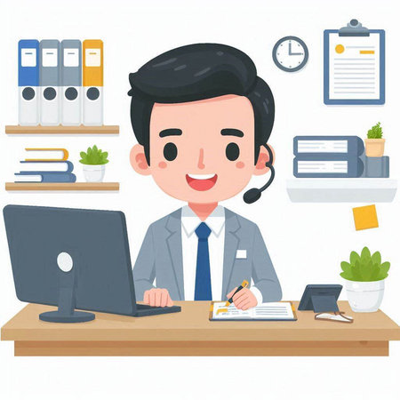 Businessman working at his office desk. Vector illustration in cartoon style.のイラスト素材