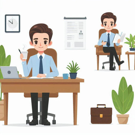 Businessman sitting at the table in office. Vector cartoon illustration.のイラスト素材