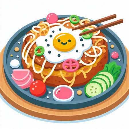 Illustration of a fried egg on a plate with chopsticks and vegetablesのイラスト素材