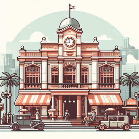 Vector illustration of the building of the railway station in the city.のイラスト素材