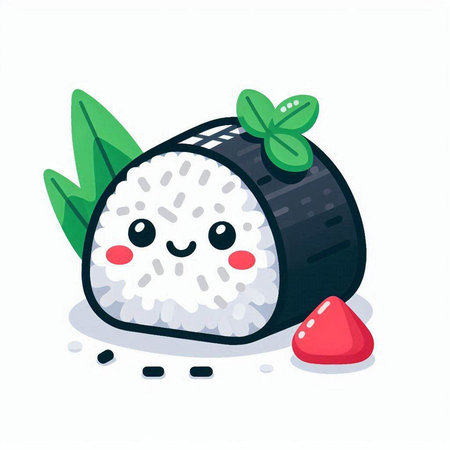 Cute kawaii japanese food vector illustration. Sushi roll with rice, seaweed and sauce.のイラスト素材