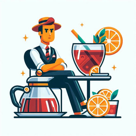 Vector illustration of a man in a hat sitting at a table with a glass of sangria.のイラスト素材