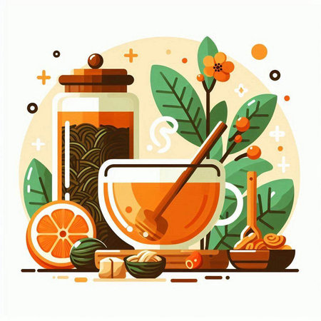 Vector illustration of natural herbal tea in glass jar with wooden spoon, bowl of honey, orange slices, leaves and flowers.のイラスト素材