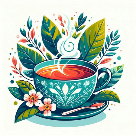 Cup of tea with floral ornament. Vector illustration in retro style.のイラスト素材
