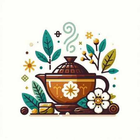 Vector illustration of tea ceremony in flat style. Teapot with flowers, leaves and herbal tea.のイラスト素材