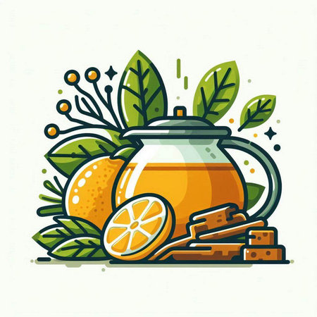 Citrus tea vector illustration. Lemon, cinnamon, ginger and green leaves.のイラスト素材