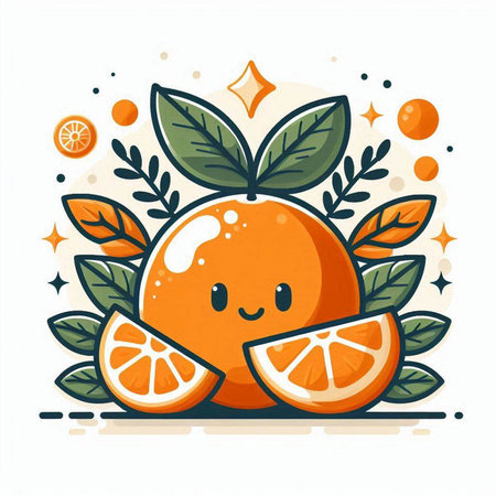Cute cartoon orange fruit character with leaves and fruits. Vector illustration.のイラスト素材