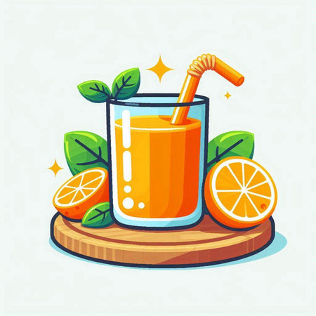 Orange juice with straw and orange slices. Vector illustration in cartoon style.のイラスト素材