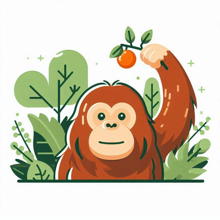Orangutan with an orange in his hand. Vector illustration.のイラスト素材