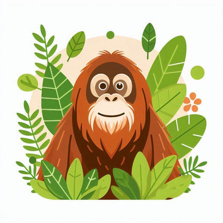 Cute monkey and tropical leaves. Vector illustration in cartoon style.のイラスト素材