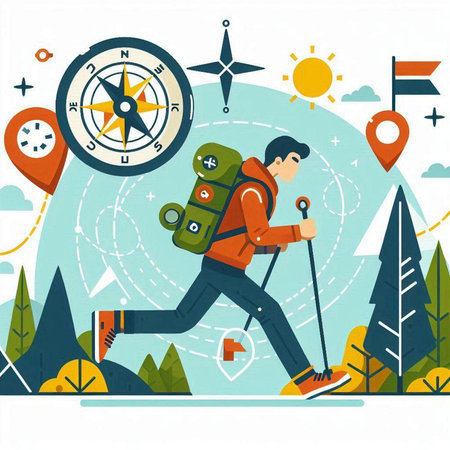 Hiking vector illustration. Man with backpack and compass walking in the forest.のイラスト素材