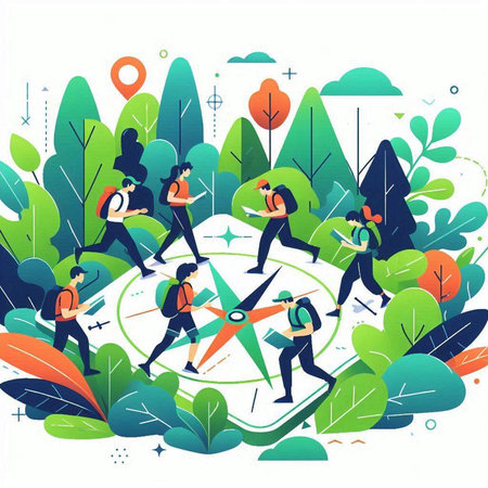 Vector illustration of people with map and compass in the forest. Flat style design.のイラスト素材