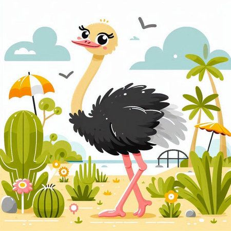 Ostrich on the beach. Cute cartoon vector illustration.のイラスト素材