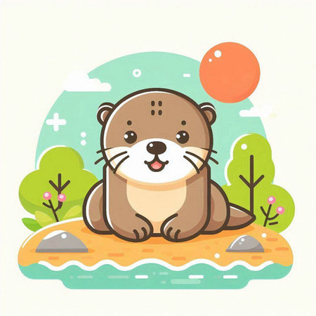 Cute otter sitting on the beach, cartoon vector illustration.のイラスト素材