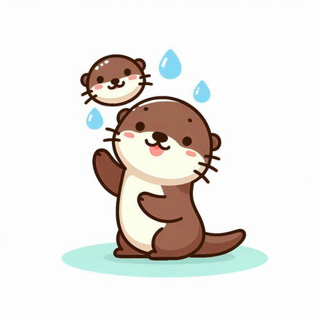 Cute otter with water drops. Vector illustration isolated on white background.のイラスト素材