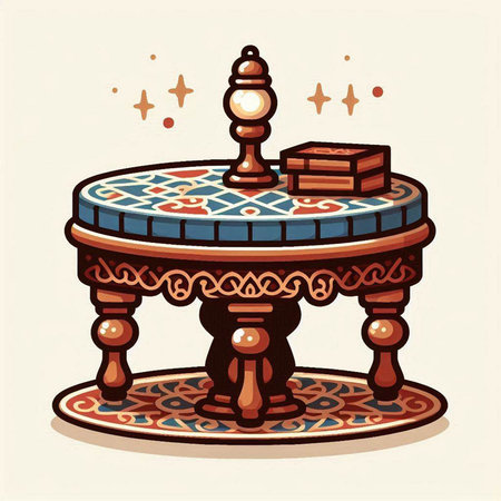Vector illustration of a wooden table with a round mirror and a pattern on itのイラスト素材