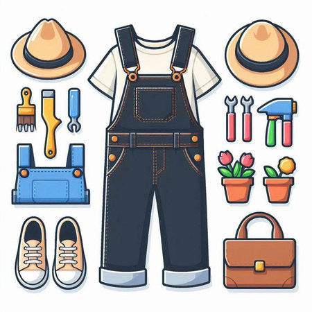 Dungarees and tools set. Vector illustration in cartoon styleのイラスト素材