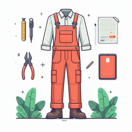 Vector illustration of a man in work overalls with a set of tools.のイラスト素材