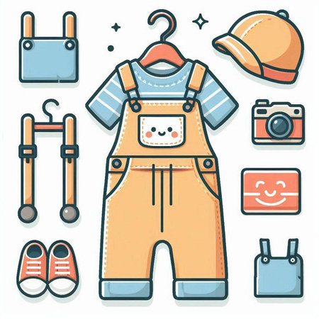 Vector illustration of a set of icons on the theme of children's clothing.のイラスト素材