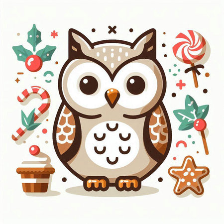 Cute cartoon owl with christmas decoration. Vector illustration in flat style.のイラスト素材
