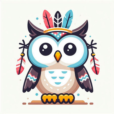 Cute cartoon owl with feathers. Vector illustration on white background.のイラスト素材