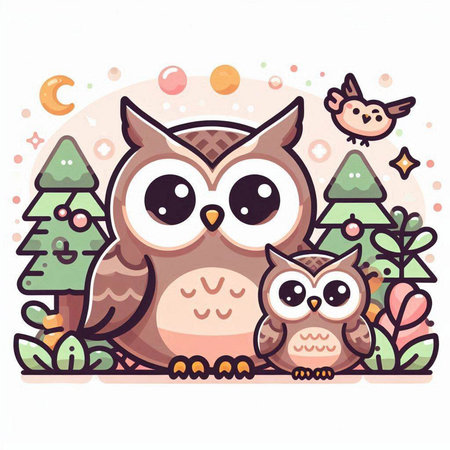Cute cartoon owl and owls in the forest. Vector illustration.のイラスト素材