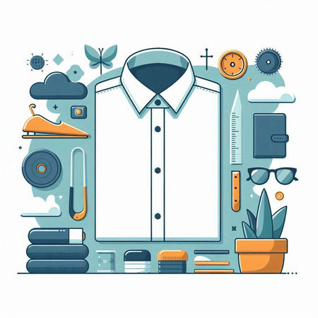Fashion and clothing store design. Vector illustration with shirt, glasses, accessories and plants.のイラスト素材