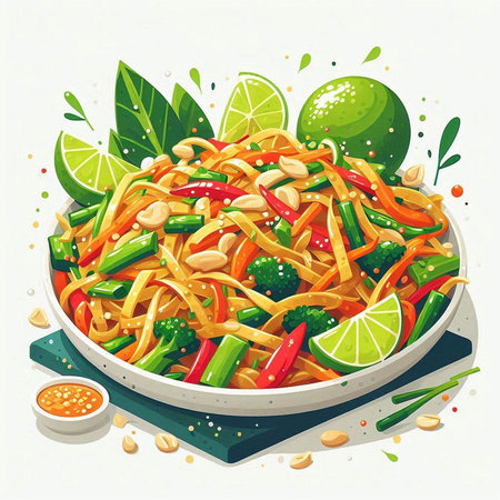 Illustration of a bowl of asian noodle with vegetables.のイラスト素材