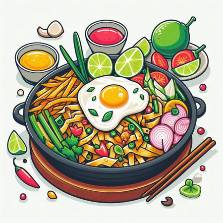 Illustration of Asian noodle dish with fried egg and vegetables.のイラスト素材